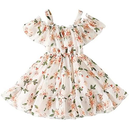 AGQT Toddler Girls Floral Print Dress Chiffon Off Shouler Casual Dress Ruffle Hem Tunic Dress Size 1-8T