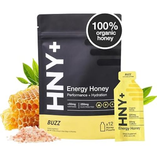 HNY+ Buzz Organic Honey Energy Gel with Electrolytes, Magnesium, Sea Salt, Potassium & Green Tea Caffeine, Workout Gels for Gym, Running & Hiking, Gluten Free, 50mg Caffeine, 12 Pack