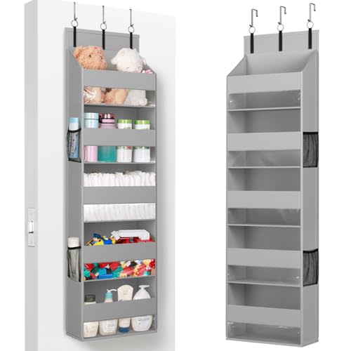 Lifewit 1 Pack Over the Door Organizer, Clear Window Hanging Storage with 4 Side Pockets, Anti Tilt 40 lbs Load Behind Door for Pantry, Nursery, Bathroom, Bedroom, Dorm, 5 Section, Gray