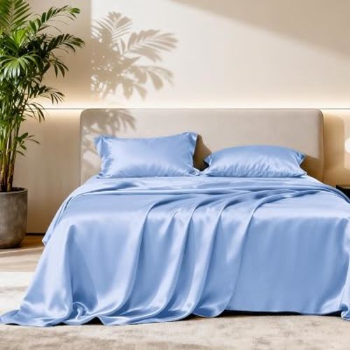Love's cabin Satin Queen Sheets Set, 4 Pieces, Sky Blue, 15" Deep Pocket