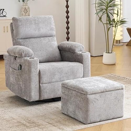 Oversized Power Recliner Chair Swivel Glider with Massage and Heat, Swivel Rocker Recliner with Adjustable Armrests, 24" Wide Nursery Chair with Storage Ottoman, Rocker Nursery Recliner, Light Grey
