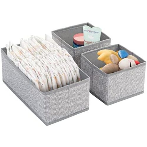 mDesign Soft Fabric Dresser Drawer and Closet Storage Organizers for Child/Kids Room, Nursery, Playroom - Holds Boys, Girls, Baby Clothes, Onesies, Diapers, Wipes - Herringbone Print, Set of 3 - Gray