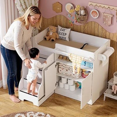PAKASEPT Baby Changing Table with Stairs & Storage, Nursery Dresser Modern Diaper Changing Station, Dresser for Nursery with Adjustable Shelves, Storage Crib with Changing Table