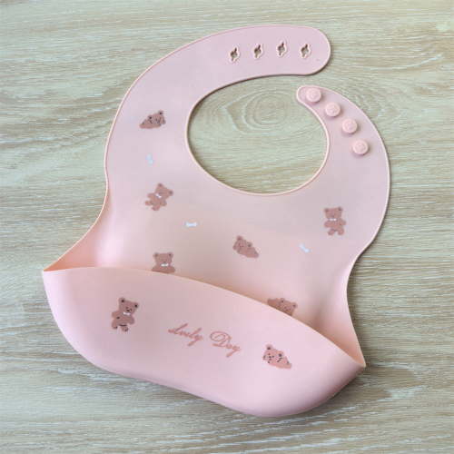 GOLDCOLIN Silicone Baby Bib Soft Adjustable Waterproof BPA Free Feeding Essentials, Pink Bear, Pink Bear