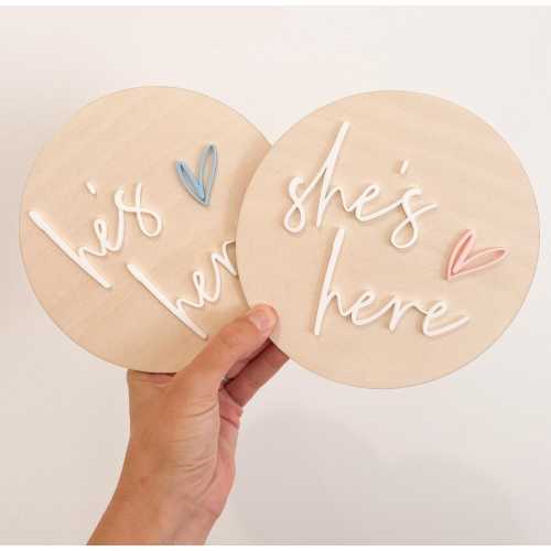 Personalized Gender Announcement Plaque,  he's here, She's Here, We're here with love heart