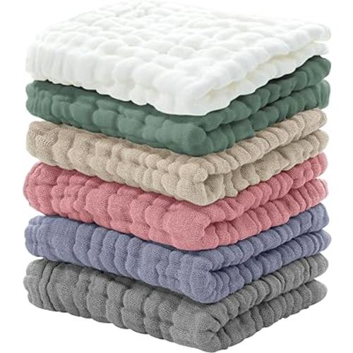Looxii Muslin Baby Washcloths 6 Pack, 100% Cotton Baby Wash Cloths for Baby Face Body, 12x12 inches Large Soft Absorbent Face Towels for Newborns Multicolor