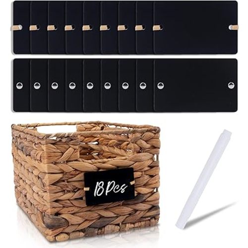Temlum 18 Pcs Acrylic Basket Labels, Storage Tags with Chalk Marker Removable Label for Wire, Wicker, Woven Baskets & Pantry Storage (Rectangle, Black)