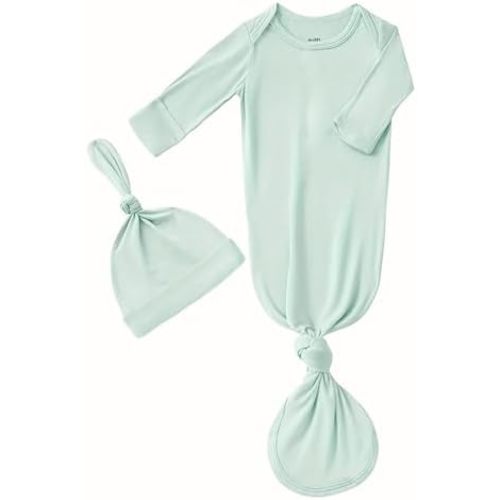 Bow Dream Rayon Bamboo Newborn Baby Boys Knotted Gown Sleeper Solid Color Jumpsuit with Matching Bonnet