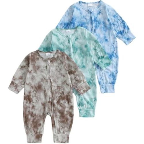 Infant Baby Boys Girls 3 Pack Footless Rompers Long Sleeve Tie Dye Zip-up Jumpsuit Fall Clothes 3pcs Outfit Set