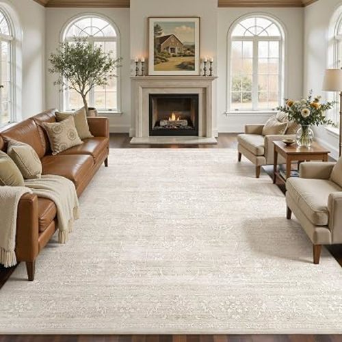 Nakagishi 6x9 Area Rugs Living Room: Washable Large Vintage Rug Neutral Non-Slip Soft Stain Resistant Indoor Carpet for Bedroom Nursery Dining Room Office Playroom - Beige White