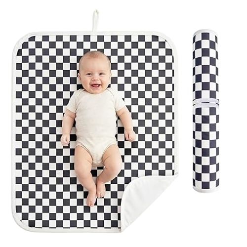 Baby Diaper Changing Mat, Waterproof, Absorbent, Soft Cotton Surface with EVA Backing, 30x24in Unfolded, Compact 8x2in with Storage Strap, Wipeable Diaper Changing Pad for Travel, Baby Gift