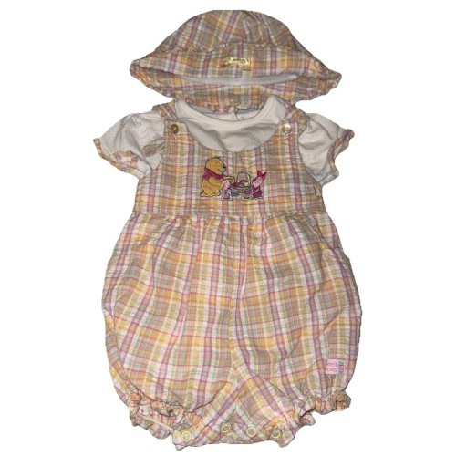 Vintage Disney Pooh Baby Girl Romper 3-6 mo Gingham Y2k 90s Bodysuit & Hat Set