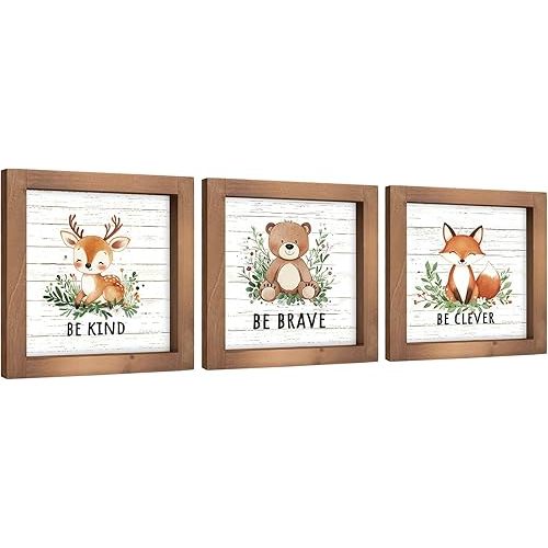 pechpell Set of 3 Woodland Baby Shower Decorations, Wooden Woodland Creatures Nursery Decor Forest Animal Bear Fox Deer Sign, Nature Jungle Theme Wall Art for Home Table Shelf Desk Bedroom Bathroom
