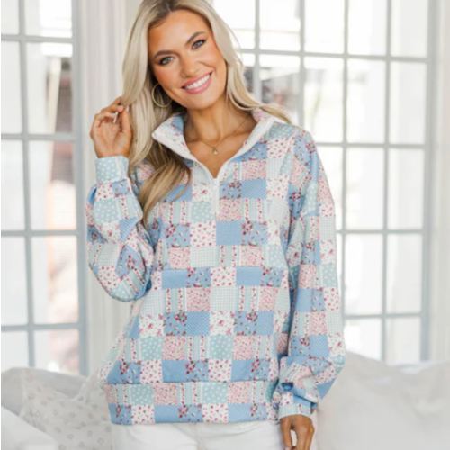 NURSING COLLECTION: Morning Meadow Blue Patchwork Pullover