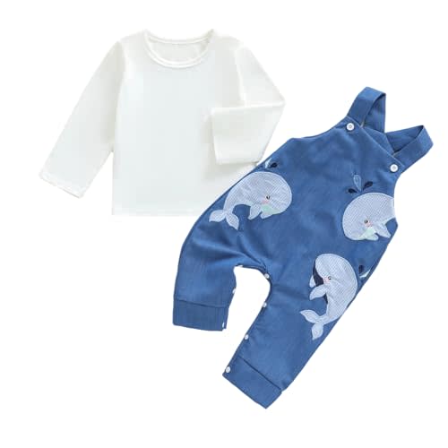XRTBMN Newborn Boy Dinosaur Outfit Long Sleeve Tops and Whale Suspender Pants Set 2Pcs Infant Baby Fall Winter Clothes