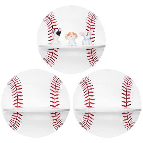 Yinkin 3 Pcs Baseball Shelf, 6", Classic Baseball | Sports Themed Room Decor for Boys, Baseball Stitching Design, Floating Display Shelf, Holds Figurines and Collectibles