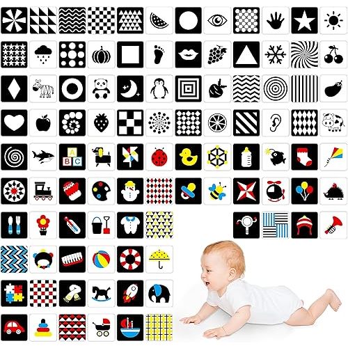 100 Pages Black White Colorful Baby Visual Stimulus Flashcard, 50 PCS High Contrast Baby Flashcards Sensory Toys for Newborn Infant Gift (2 Levels 0-6 Months, 5.5” X 5.5”)