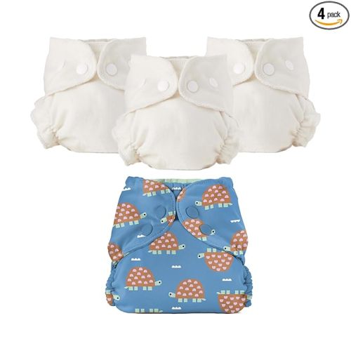 Esembly Cloth Diaper Bundle Set - 3 Organic Cotton Absorbent Inners and 1 Waterproof Outer Diaper Cover - Reusable, Washable, Snap Closure Cloth Diapers - Size 1 (7-17lbs), Turtles