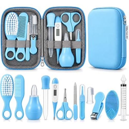 PandaEar Baby Healthcare and Grooming Kit, Safety Set Comb, Brush, Finger Toothbrush, Nail Clippers, Scissors, Nasal Aspirator, Kid Essentials Nursery Care Kit (Blue)