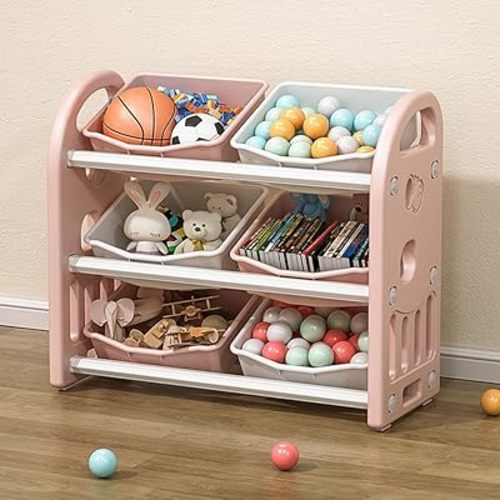 Runboll Toy Storage Organizer 3-Tier Multipurpose Toys Organization Rack with 6 Bins for School, Bedroom, Playroom or Nursery