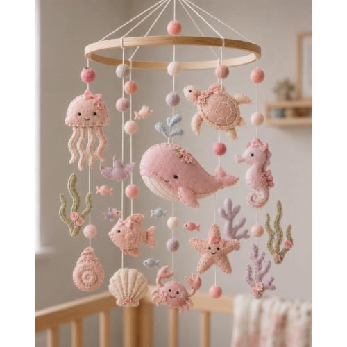 Girl Ocean Baby Mobile, Pastel Sea Animals Nursery Mobile, Handmade Felt Whale Crib Mobile, Under The Sea Baby Girl Room Decor
