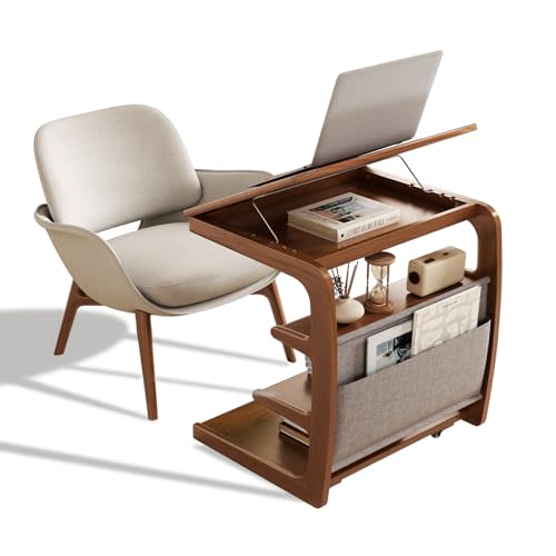 AQIMUELE C Shaped Side Table with Wheels, Rolling Side Table with Storage | Rolling side table with storage shelf keeps daily essentials within reach for living room or bedroom