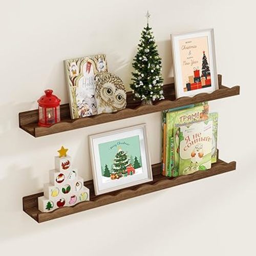 Fun Memories Picture Ledge Shelf for Wall, 36 inch Pine Wood Nursery Book Shelves Set of 2- Wall Book Shelves for Kids Room, Home Decor - Kitchen Spice-Carbonized