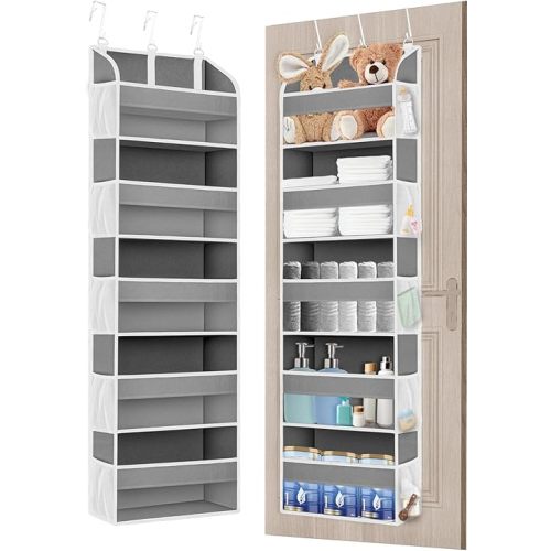 1 Pack Over The Door Storage Organizer with 5 Pockets 10 Mesh Side Pockets, 44 lbs Weight Capacity Door Hanging Organizers and Storage for Bedroom,Bathroom,Nursery,Pantry,Dorm(Light Gray)