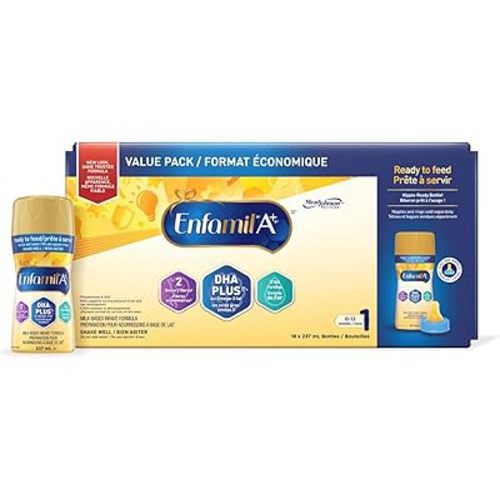 Enfamil A+, Baby Formula, Ready to Feed Bottles, DHA (a type of Omega-3 fat) to help support brain development, Age 0-12 months, 237ml x 18 count (Packaging May Vary)