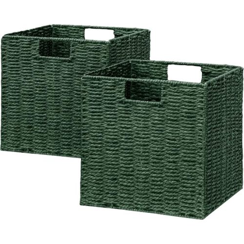 Wicker Storage Basket, Set of 2 Hand-Woven Paper Rope Wicker Basket, Foldable Cube Storage Bins, 9 inch Square Storage Baskets for Organizing Shelves & Decor, Green (9″×9″×9″)