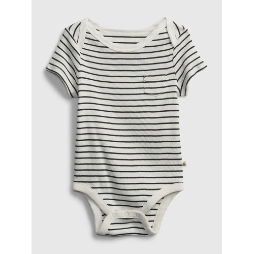 Baby 100% Organic Cotton Stripe Bodysuit in ivory frost, size: 3-6 M