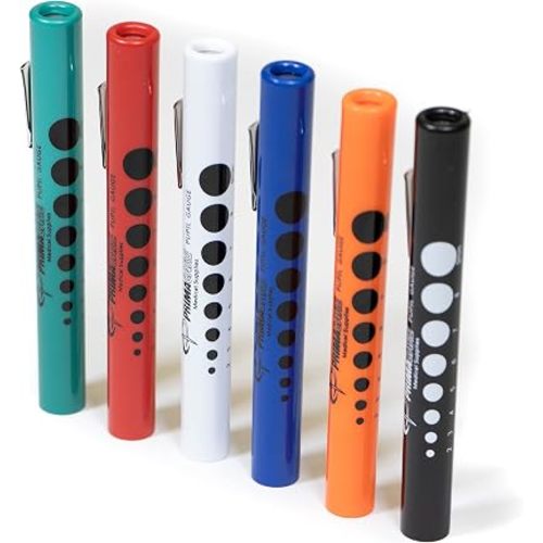 Primacare DL-9224 Pack of 6 Disposable Diagnostic Penlight with Imprinted Pupil Gauge, Lightweight and Moulded Plastic Body Medical Pen Light for Nurse, Student, Doctors EMT, Multicolor