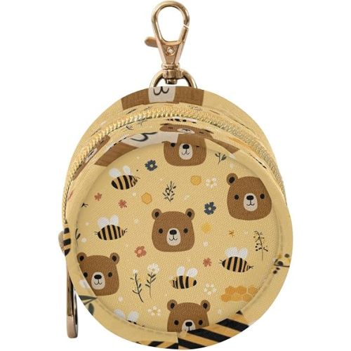 Pacifier Holder with Clip Pacifier Case for Diaper Bag Round Baby Pacifier Pouch Box Bag Portable Cute Brown Bear Bees Yellow