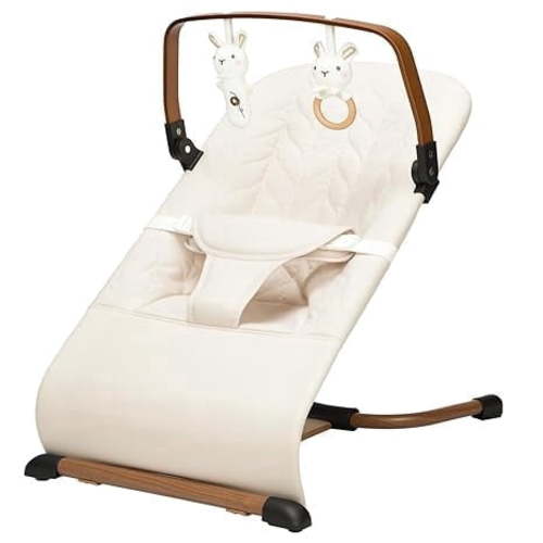 3 in 1 Baby Bouncer (Sit, Play & Relax),3 Recline Positions,Foldable Baby Rocker Chair W/ Removable Wooden Bar for 0-12 Months Infant & Toddler,Beige