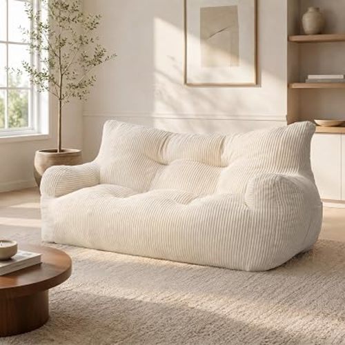 59" Corduroy Bean Bag Chair,2 Seat Loveseat Sofa,Corduroy Lazy Sofa Bed for Adults,Fit Living Room, Bedroom,Ultra Soft Dutch Velvet,72h Rebound,White