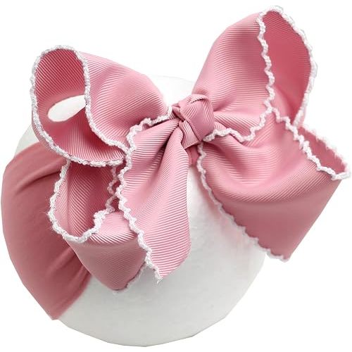 JOYFUNFABU 6'' Jumbo Blush Pink Baby Girls Bow Headbands, Handmade Grosgrain Moonstitch Boutique Baby Headwraps, Super Stretchy Soft Nylon Headbands for Newborns, Infants & Toddlers