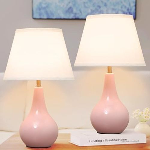 Pink Table Lamp Set of 2, Ceramic Bedroom Lamps for Nightstand, Cute Lamps for Girls Room, Classic Beside Lamps