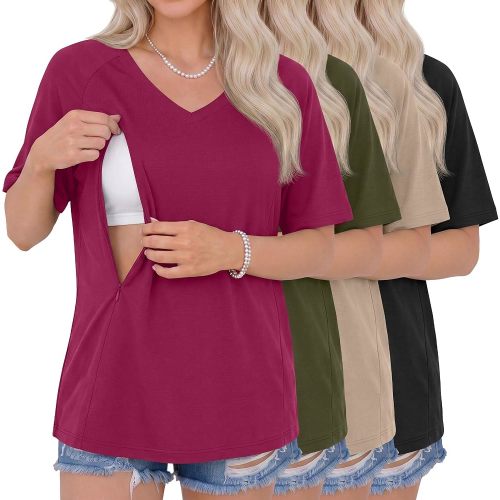 4 Pack Women's Oversized Nursing Shirts for Breastfeeding Hidden Zipper Short Sleeve Loose Fit Maternity Tops