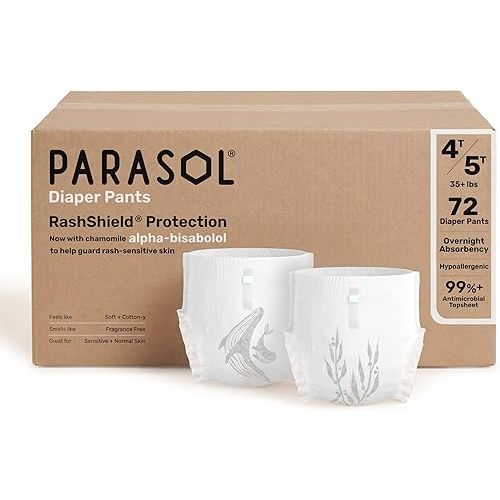 Parasol Chlorine Free Disposable Diaper Pants, Size 6 (4T-5T) 72 Count, Pull On Style with RashShield Protection and Active 360 Comfort Wrap, Hypoallergenic Training Diaper