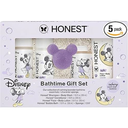 The Honest Company Calm Lavender Bathtime Gift Set, Disney Design, Hypoallergenic Bath for Sensitive Baby Skin, Shampoo Body Wash Face Lotion Bubble Conditioner Sponge