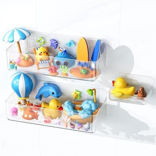 Nieifi Bath Toy Storage Holder, Bathtub Toy Storage, Large Capacity Bath Toy Organizer, Adhesive Shower Caddy for Bathroom, Clear (2 large + 1 small)