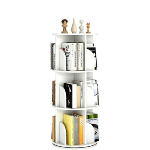 R360 Display Spinning Bookcase Storage Rack, 3 Tier Floor Standing Revolving Bookcase Narrow Book Shelf Organizer for Small Space, Bedroom, White