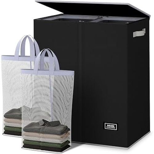 SOLEDI Double Laundry Hamper with Lid and Removable Laundry Bags - Large Dirty Clothes Hamper 2 Section - Collapsible Laundry Baskets for Bedroom, Bathroom, Laundry room, Apartment, Black