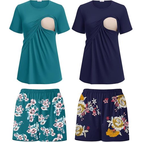 Ekouaer 2 Pack Women's Nursing Pajamas Set Double Layer Maternity Pjs Postpartum Loungewear Set Breastfeeding Tops & Shorts