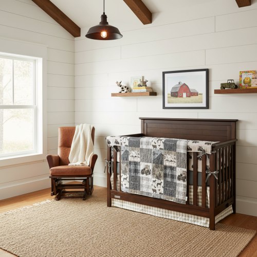 Farmin Tractor Boy Crib Bedding | Ecru Check & Gray Minky Nursery | DBC Baby Bedding Co – DBC Baby Bedding Co