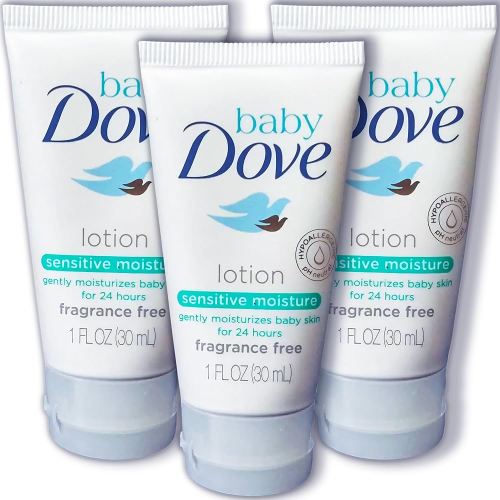 Baby Dove Sensitive Moisture Baby Lotion, 3 Pk Hypoallergenic Fragrance-Free for Sensitive Skin, Moisturizing Unscented Baby Lotion, Safe 4 Newborns Travel Size 1oz Ea