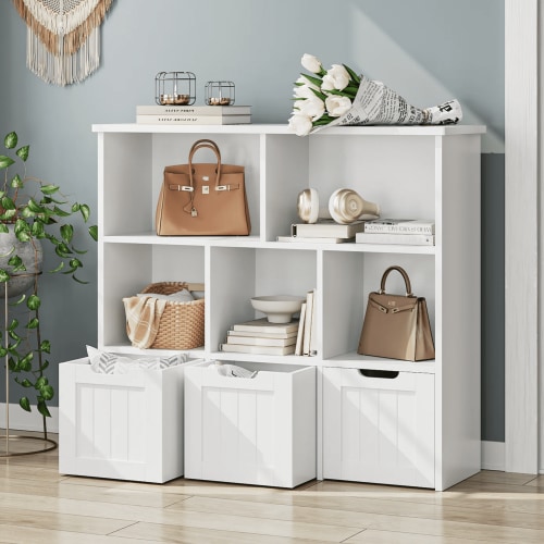 "Homfa Toy Storage Organizer, 5-Cube Kids Bookshelf with 3 Movable Drawers, White Finish, 35.4"" H x 39.4"" W"