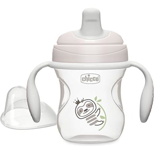 Chicco Trainer Sippy Cup 6+ Months, 7oz Baby Training Cup with Bite-Resistance Semi-Soft Spout, Easy Grip Removable Handles, Measurement Markings, BPA-Free, Grey