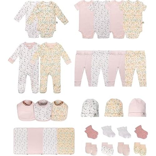 100% Cotton Baby Girls' Clothing Sets for 0-3 Months - 30 Set Piece Pink Floral Layette Set Girl, Newborn to 3 Months Clothing Essentials, Baby Gift Sets -Designed in France, Pink + Floral Collections