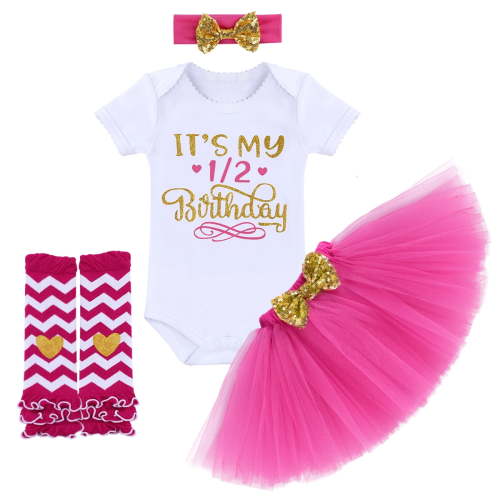 FYMNSI Infant Baby Girl It's My 1/2 Half Birthday Cake Smash Outfit Cotton Short Sleeve Romper Princess Tutu Skirt Leg Warmers Bowknot Headband 4pcs Set 6 Months Party Photo Shooting Props Hot Pink